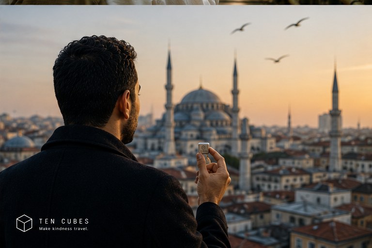 A man holding a small metal cube above a city of domes and minarets