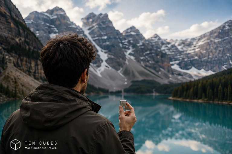 A traveller holding a small metal cube before a turquoise mountain lake