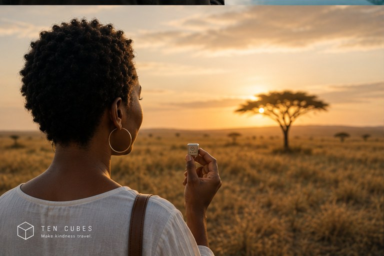 A woman holding a small metal cube at sunrise over the savanna